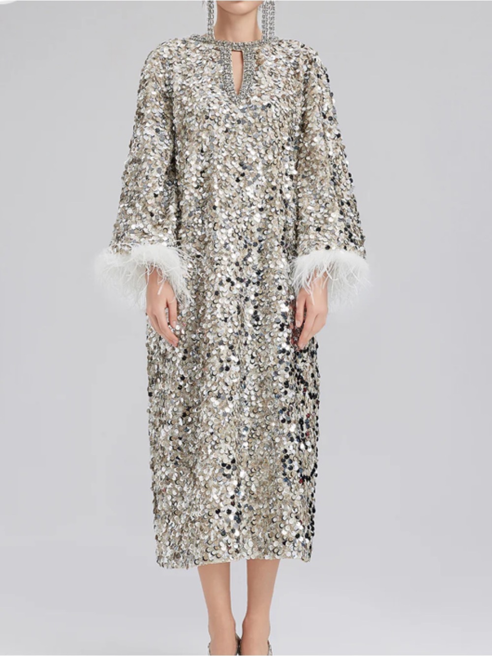 Rich Radi Q’s New York Dazzling Sequined Feather Cuff Dress Rhinestone Glam 2XL